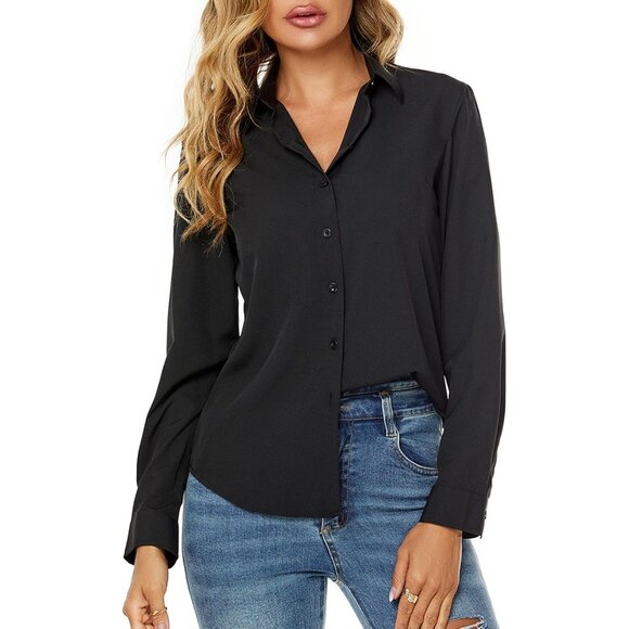 Women's Long Sleeve Button Down Shirt Polyester Spandex V-Neck Casual Work - Picture 1 of 6